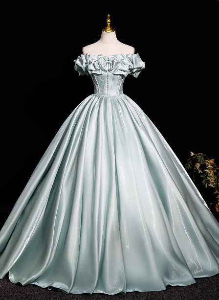 Elegant Mint Light Green Off-the-Shoulder Satin Ball Gown Evening Dress Sweet 16 Dress P4380