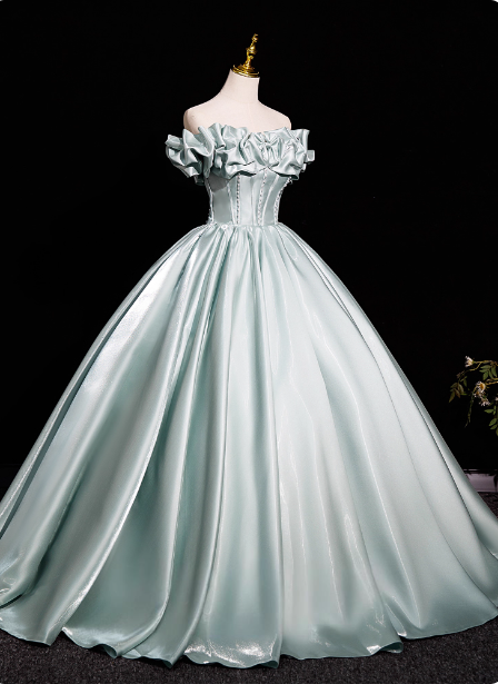Elegant Mint Light Green Off-the-Shoulder Satin Ball Gown Evening Dress Sweet 16 Dress P4380