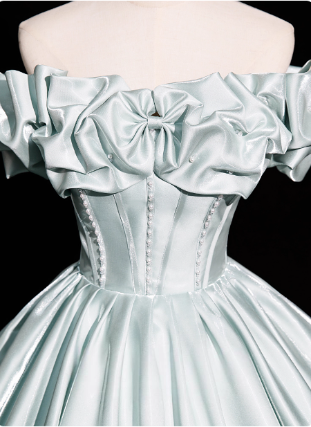 Elegant Mint Light Green Off-the-Shoulder Satin Ball Gown Evening Dress Sweet 16 Dress P4380