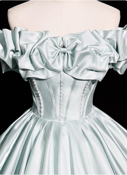 Elegant Mint Light Green Off-the-Shoulder Satin Ball Gown Evening Dress Sweet 16 Dress P4380