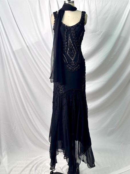 Vintage Elegant Black Mermaid Asymmetrical Hem Beaded Chiffon Long Prom Dress Evening Dress P4383