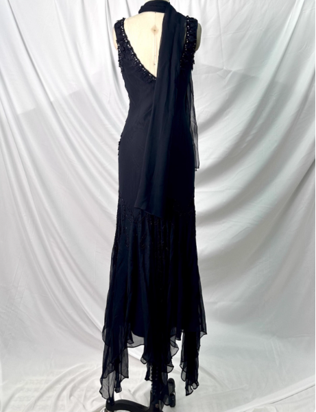 Vintage Elegant Black Mermaid Asymmetrical Hem Beaded Chiffon Long Prom Dress Evening Dress P4383