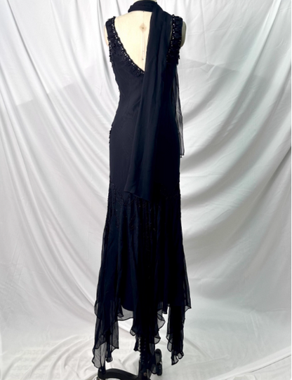 Vintage Elegant Black Mermaid Asymmetrical Hem Beaded Chiffon Long Prom Dress Evening Dress P4383