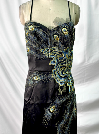 Vintage Black Peacock Feather Embroidered Slim-Fit Satin Long Prom Dress Evening Dress P4384