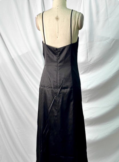 Vintage Black Peacock Feather Embroidered Slim-Fit Satin Long Prom Dress Evening Dress P4384