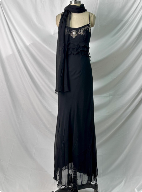 Elegant Vintage Black Mermaid Thin Strap Embroidered Chiffon Long Prom Dress Evening Dress P4385