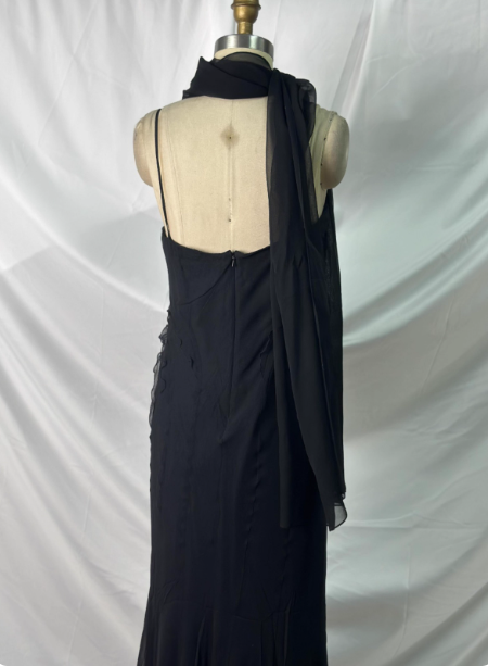 Elegant Vintage Black Mermaid Thin Strap Embroidered Chiffon Long Prom Dress Evening Dress P4385