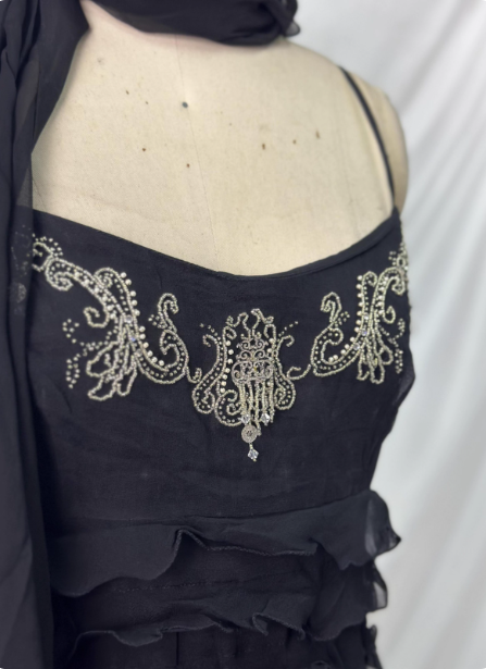 Elegant Vintage Black Mermaid Thin Strap Embroidered Chiffon Long Prom Dress Evening Dress P4385