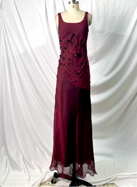 Vintage Burgundy 3D Beaded Flower Square Neck Chiffon Long Prom Dress Evening Dress P4386