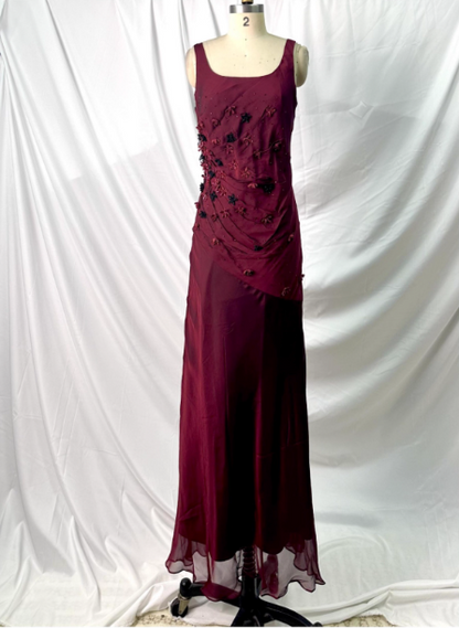 Vintage Burgundy 3D Beaded Flower Square Neck Chiffon Long Prom Dress Evening Dress P4386