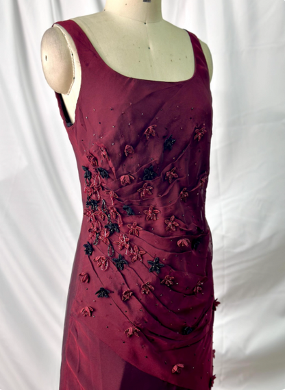 Vintage Burgundy 3D Beaded Flower Square Neck Chiffon Long Prom Dress Evening Dress P4386