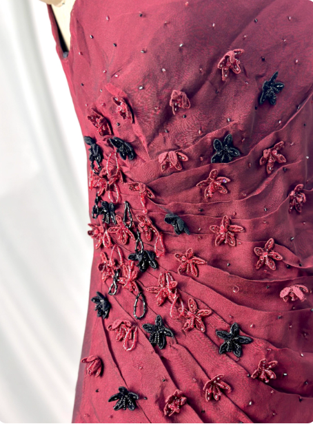 Vintage Burgundy 3D Beaded Flower Square Neck Chiffon Long Prom Dress Evening Dress P4386