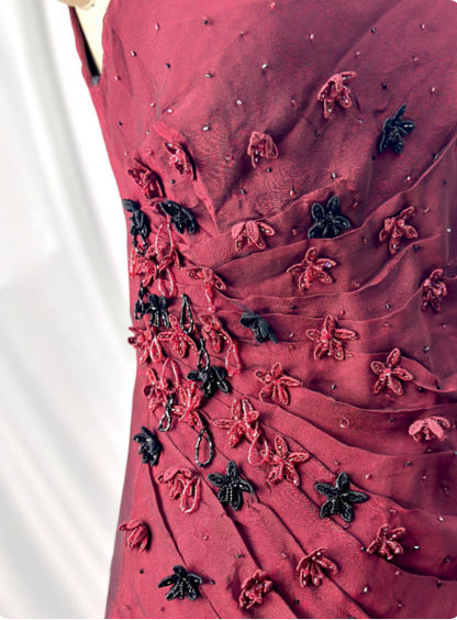 Vintage Burgundy 3D Beaded Flower Square Neck Chiffon Long Prom Dress Evening Dress P4386