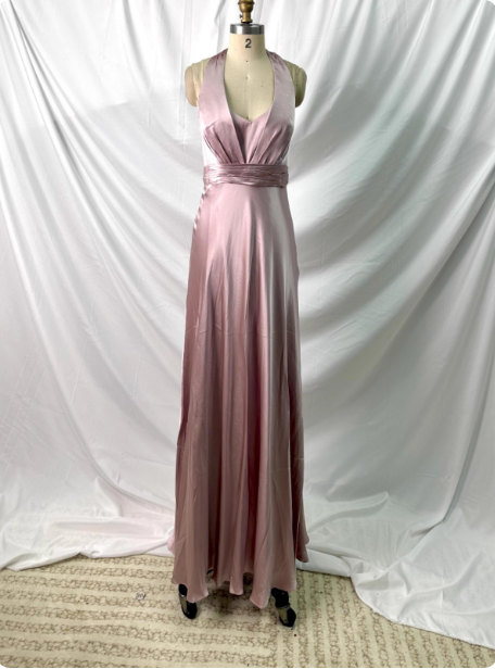 Elegant Pink Halter Neck V-Neck Slim-Fit Satin Long Prom Dress Evening Dress P4387