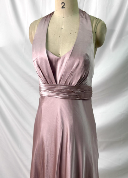 Elegant Pink Halter Neck V-Neck Slim-Fit Satin Long Prom Dress Evening Dress P4387