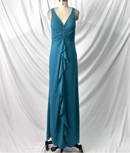 Elegant Teal Blue V-Neck Ruffled Beaded Chiffon Long Prom Dress Evening Dress P4388