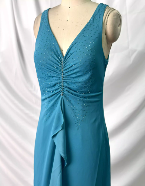 Elegant Teal Blue V-Neck Ruffled Beaded Chiffon Long Prom Dress Evening Dress P4388