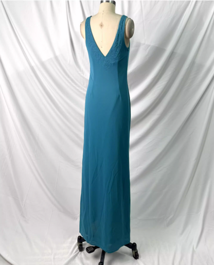 Elegant Teal Blue V-Neck Ruffled Beaded Chiffon Long Prom Dress Evening Dress P4388