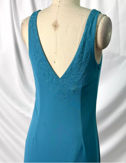 Elegant Teal Blue V-Neck Ruffled Beaded Chiffon Long Prom Dress Evening Dress P4388