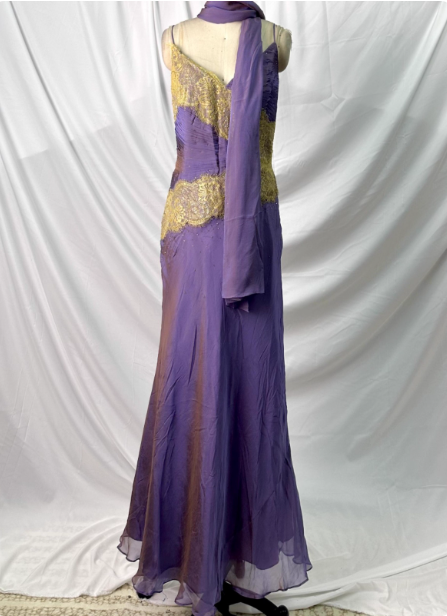Vintage Deep Purple Gold Lace Thin Strap V-Neck Chiffon Long Prom Dress Evening Dress P4389