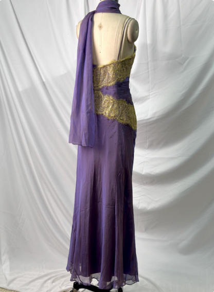 Vintage Deep Purple Gold Lace Thin Strap V-Neck Chiffon Long Prom Dress Evening Dress P4389