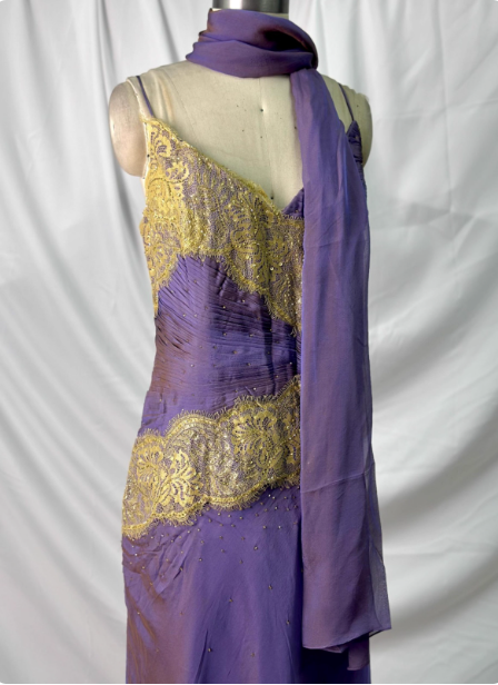 Vintage Deep Purple Gold Lace Thin Strap V-Neck Chiffon Long Prom Dress Evening Dress P4389