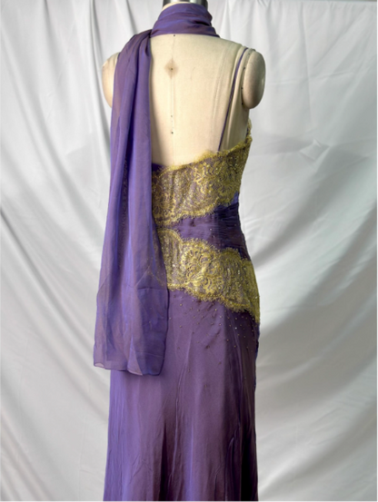 Vintage Deep Purple Gold Lace Thin Strap V-Neck Chiffon Long Prom Dress Evening Dress P4389