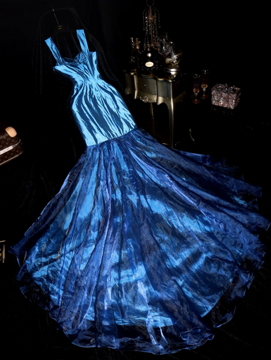 Blue halter-neck fitted fishtail long ball gown R7002