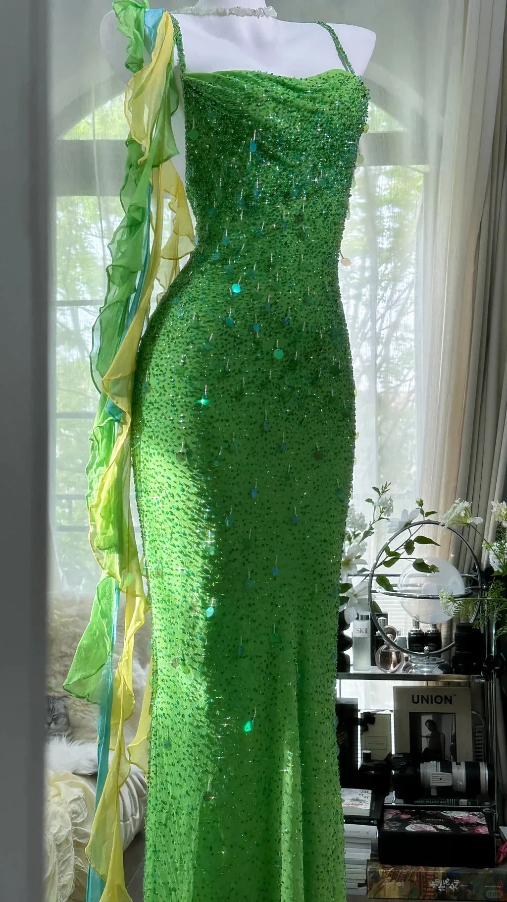 Beautiful Exquisite Sequin Beaded Green Long Chiffon Evening Gown Birthday Party Gown Y9797