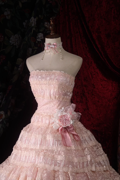 Vintage-Inspired Ruffled Pastel Pink Layered Lace A-Line Strapless Ball Gown TP5109
