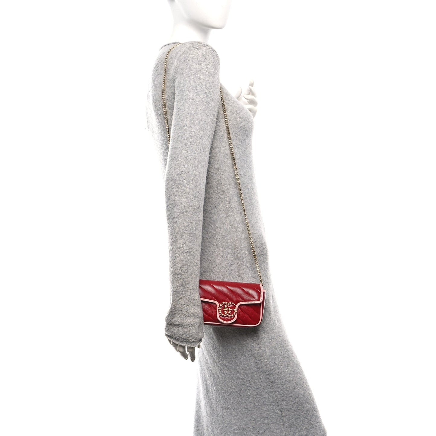 Azalea Calfskin Enamel Matelasse Diagonal Super Mini Torchon GG Marmont Shoulder Bag New Cherry Red Wild Rose