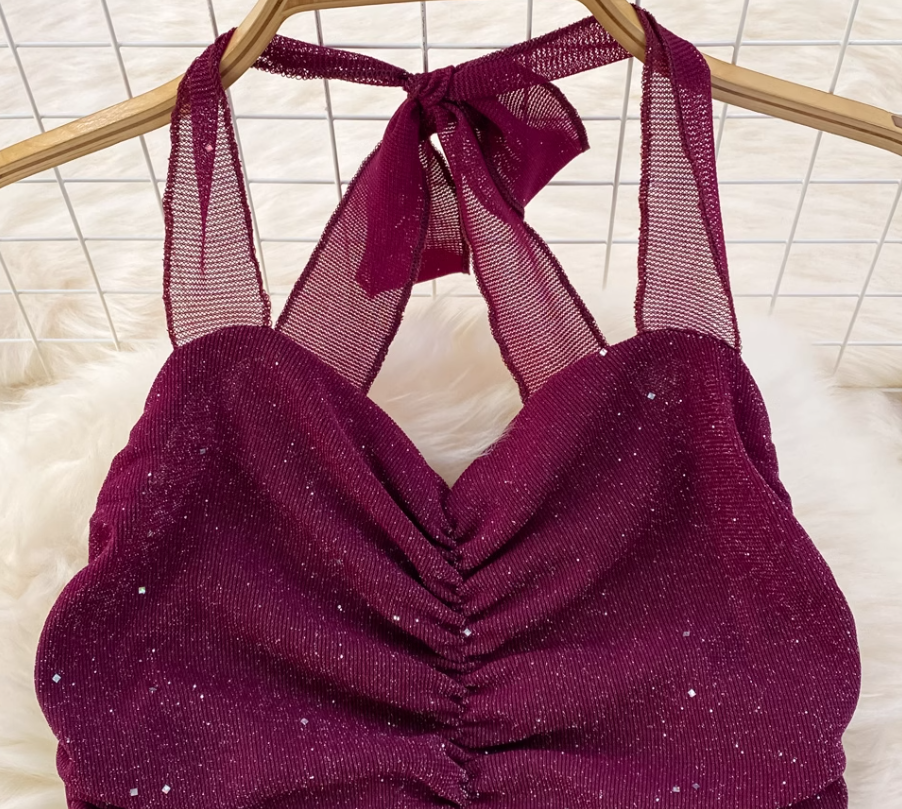 Evening dress high-end atmospheric slim long dress sequined halter neck backpack hip fishtail dress R0399