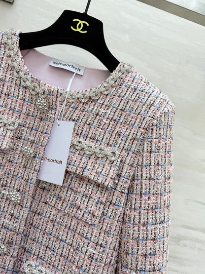 Chanel 2025 Rhinestone Chain Jacket Pink Woven Tweed Fabric 319510