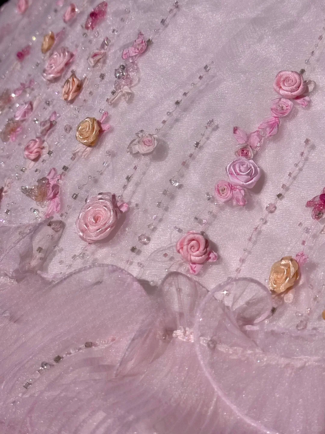 Vintage-Inspired Pink Floral Embellished Tulle Ball Gown Strapless Ruffled Quinceañera Formal Dress TP5116