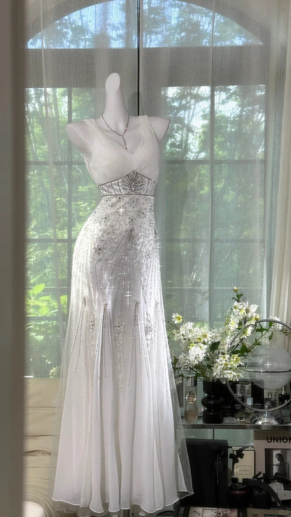 Elegant White Mermaid Strapless V-neck Beaded Chiffon Long Prom Dress Evening Dress P4039