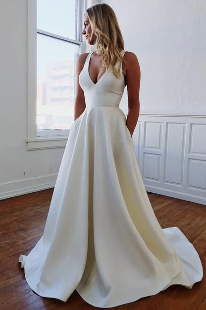 omberprom Elegant A-Line V-Neck Sleeveless Long Wedding Dress with Bow-Knot Simple Bridal Gown