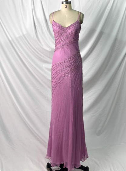 Vintage Pink Mermaid V-Neck Beaded Chiffon Long Prom Dress Evening Dress P4390