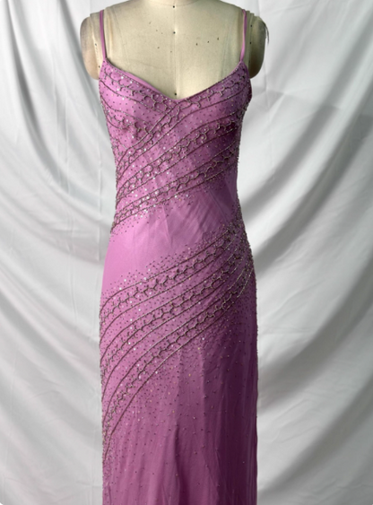 Vintage Pink Mermaid V-Neck Beaded Chiffon Long Prom Dress Evening Dress P4390