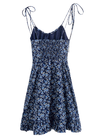 2025 Summer New Blue Floral Vacation Petite Short A-line Suspender Dress R0935