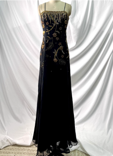 Luxurious Vintage Black Thin Strap Gold Beaded Embroidery Chiffon Long Prom Dress Evening Dress P4391