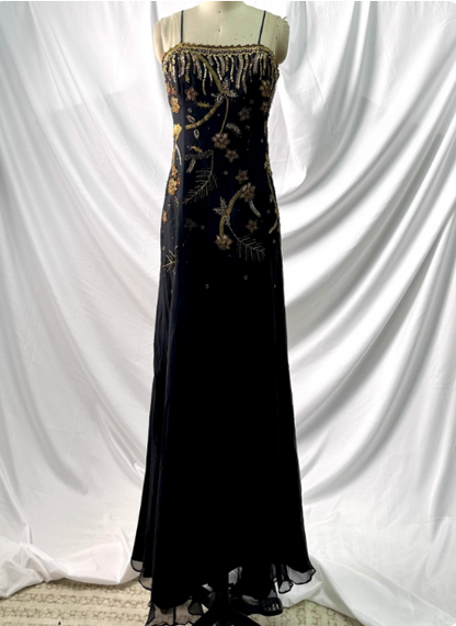 Luxurious Vintage Black Thin Strap Gold Beaded Embroidery Chiffon Long Prom Dress Evening Dress P4391