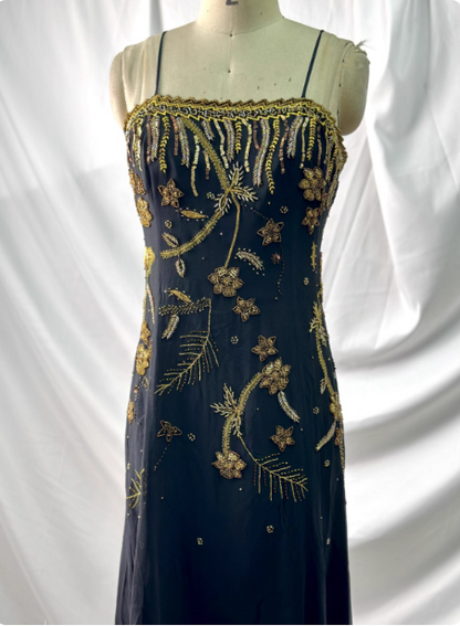 Luxurious Vintage Black Thin Strap Gold Beaded Embroidery Chiffon Long Prom Dress Evening Dress P4391