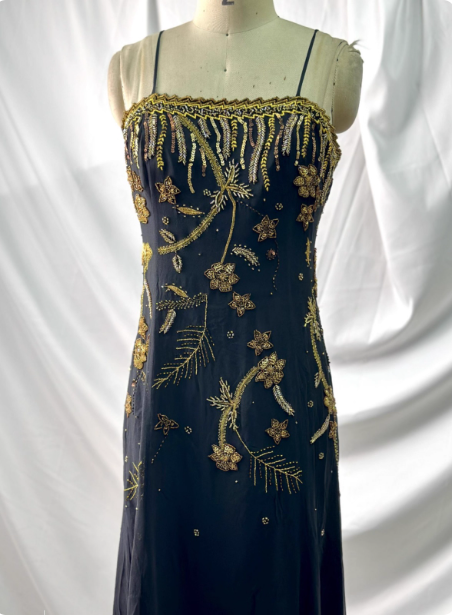 Luxurious Vintage Black Thin Strap Gold Beaded Embroidery Chiffon Long Prom Dress Evening Dress P4391
