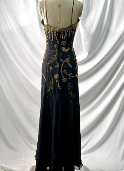 Luxurious Vintage Black Thin Strap Gold Beaded Embroidery Chiffon Long Prom Dress Evening Dress P4391