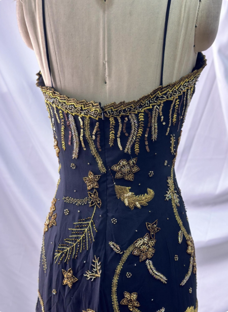 Luxurious Vintage Black Thin Strap Gold Beaded Embroidery Chiffon Long Prom Dress Evening Dress P4391