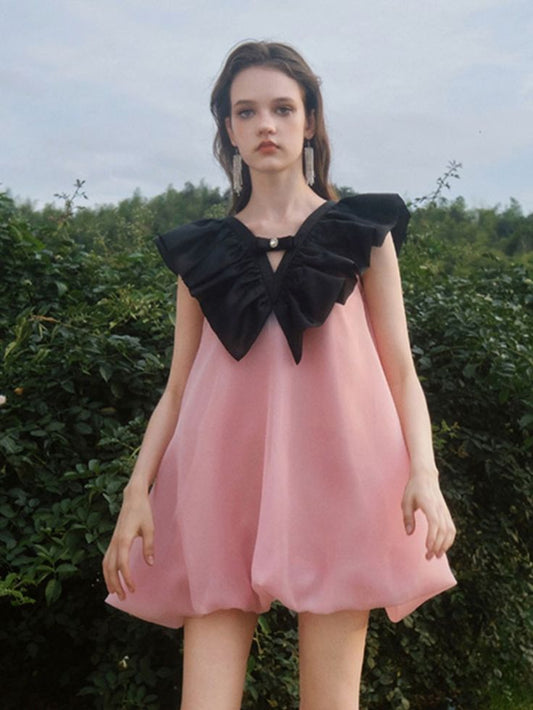 Pink bud skirt black neckline cute charming short skirt homecoming dress R3779