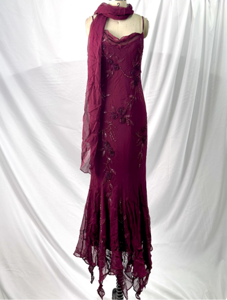 Elegant Vintage Burgundy Beaded Embroidery Thin Strap Mermaid Chiffon Long Prom Dress Evening Dress P4392