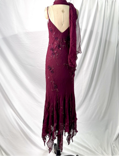 Elegant Vintage Burgundy Beaded Embroidery Thin Strap Mermaid Chiffon Long Prom Dress Evening Dress P4392