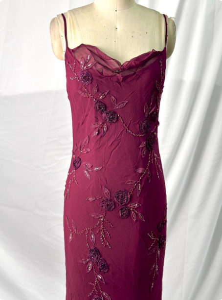 Elegant Vintage Burgundy Beaded Embroidery Thin Strap Mermaid Chiffon Long Prom Dress Evening Dress P4392