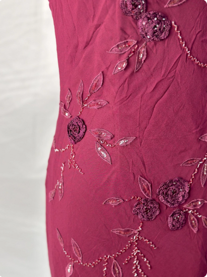 Elegant Vintage Burgundy Beaded Embroidery Thin Strap Mermaid Chiffon Long Prom Dress Evening Dress P4392